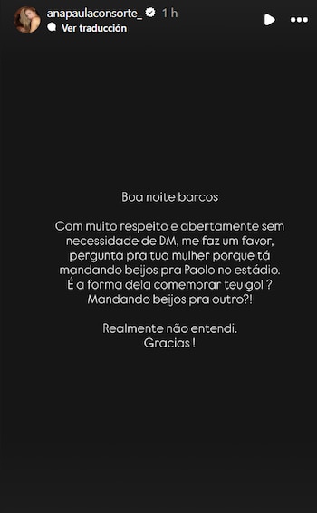 Captura de pantalla de una historia de Instagram de la cuenta anapaulaconsorte_ con un texto en letras blancas sobre fondo negro