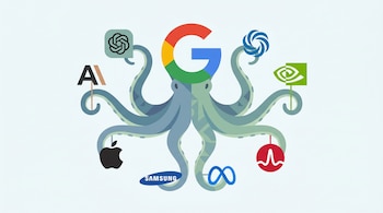 Ilustración de un pulpo azul con el logo multicolor de Google como cabeza, sosteniendo logotipos de OpenAI, Anthropic, Apple, Samsung, Meta, Nvidia, Intel y Broadcom.