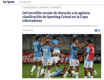 TyC Sports tituló como agónica la clasificación de Sporting Cristal.