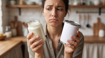 Primer plano de una mujer en una cocina, sosteniendo con su mano izquierda un frasco de vidrio con crema y con su mano derecha una lata de leche evaporada.