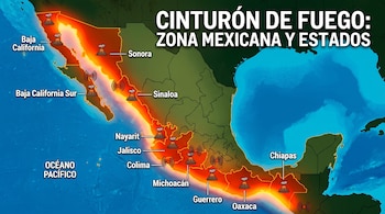 Mapa de México con la zona del Cinturón de Fuego marcada en rojo, iconos de volcanes y actividad sísmica, y nombres de once estados.