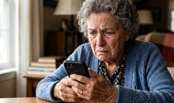 Una anciana caucásica con el pelo gris y rizado, vestida con un cárdigan azul, mira su celular con una expresión de tristeza y angustia, con lágrimas en los ojos