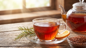Una taza de té, un plato de vidrio, una rodaja de naranja, una ramita verde, una tetera de vidrio y un cuenco con rooibos seco sobre una mesa de madera.