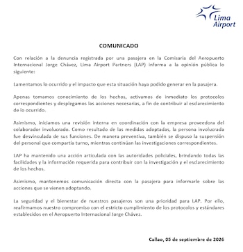 Comunicado de LAP compartido a Infobae Perú.