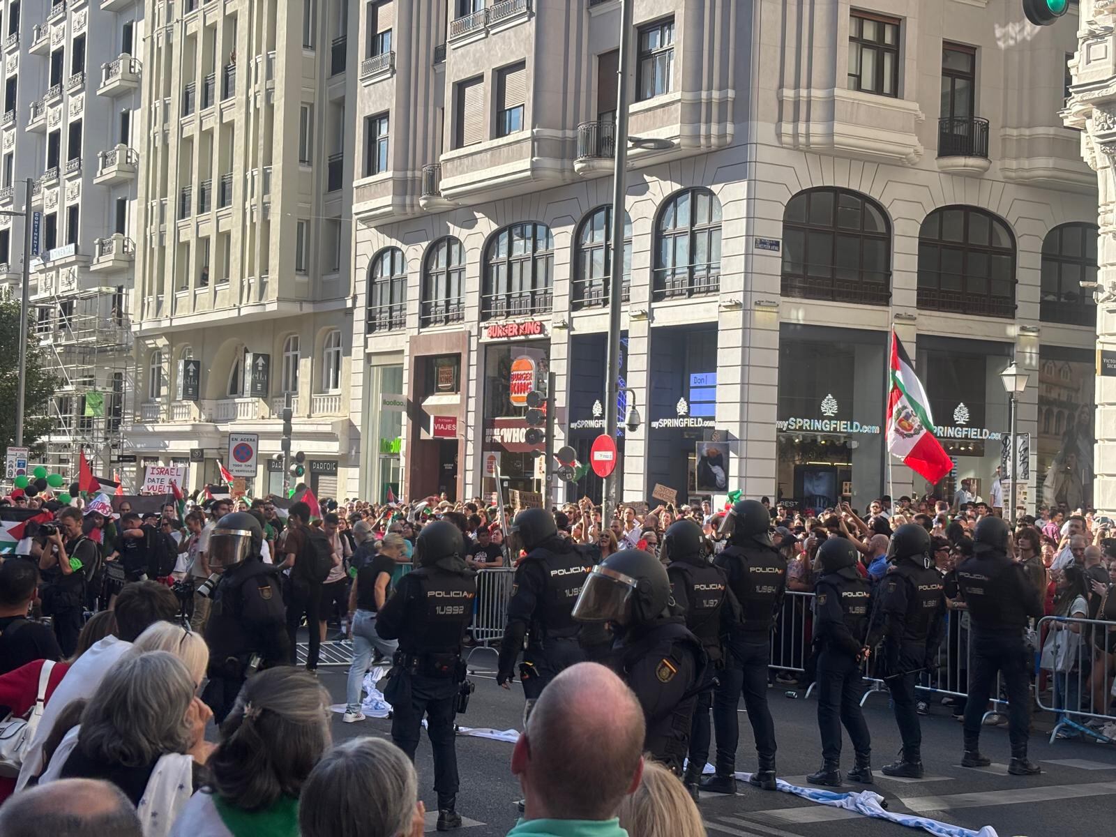 Una decena de antidisturbios ocupa parte de la Gran Vía para impedir el paso a los manifestantes. (Nel Gómez)