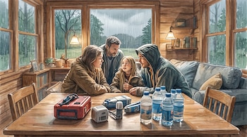 Cuatro personas alrededor de una mesa con botellas de agua y linternas en el interior de una cabaña de madera con lluvia tras las ventanas.