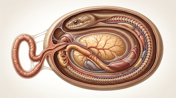 Corte transversal de un embrión de serpiente enrollado en un huevo, con vasos sanguíneos y un asa intestinal expuesta.