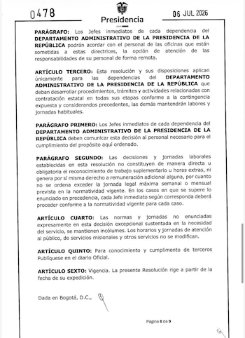 En su parágrafo, señala que la previsión “no genera reconocimiento y pago de horas extras a ningún servidor público”, porque esos días se habilitan solo para el cómputo de términos legales en los procesos de selección y para actuaciones administrativas y presupuestales - créito Presidencia