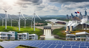 Múltiples aerogeneradores, paneles solares, una presa hidroeléctrica, un buque de carga, rascacielos, bandera de Panamá, chimeneas de planta térmica.