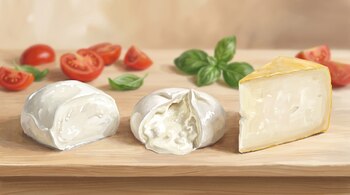 Un bloque de queso fresco, una burrata cortada y una cuña de queso curado sobre una tabla de madera. Tomates en rodajas y hojas de albahaca.
