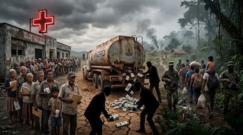 Ilustración de crisis colombiana: camión UNGRD con dinero, fila en hospital deteriorado con cruz roja, y grupos armados escoltando desplazados en la selva.