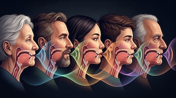 Cinco rostros de perfil con un corte lateral del tracto vocal y ondas de colores saliendo de sus bocas sobre un fondo oscuro.