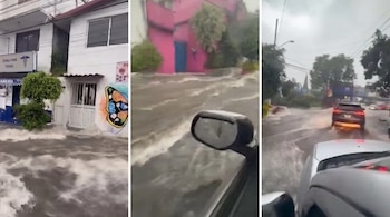 Collage de tres imágenes de calles urbanas inundadas: edificios con agua en la base, un vehículo circulando y el retrovisor de un coche.