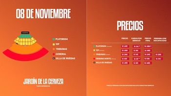 Infografía de un concierto con la fecha 8 de noviembre, un mapa de zonas de asientos (Platinum, VIP, Tribunas, General, Silla de Ruedas) y una tabla de precios