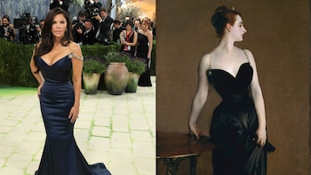 Imagen dividida con una mujer de vestido azul oscuro posando en alfombra roja a la izquierda, y a la derecha, el retrato de Madame X de John Singer Sargent