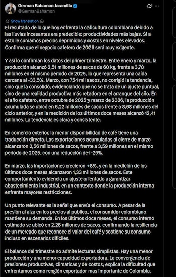 El informe de la Federación Nacional de Cafeteros, presentado por Germán Bahamón, advierte sobre la necesidad de nuevas medidas ante el escenario desafiante para el sector en 2026 - crédito @GermanBahamon/X