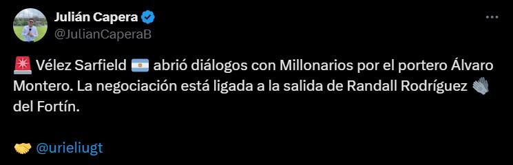 Vélez Sarsfield y Millonarios empezaron las negociaciones por Álvaro Montero, que por ahora sería por un préstamo - crédito @JuliaCaperaB/X