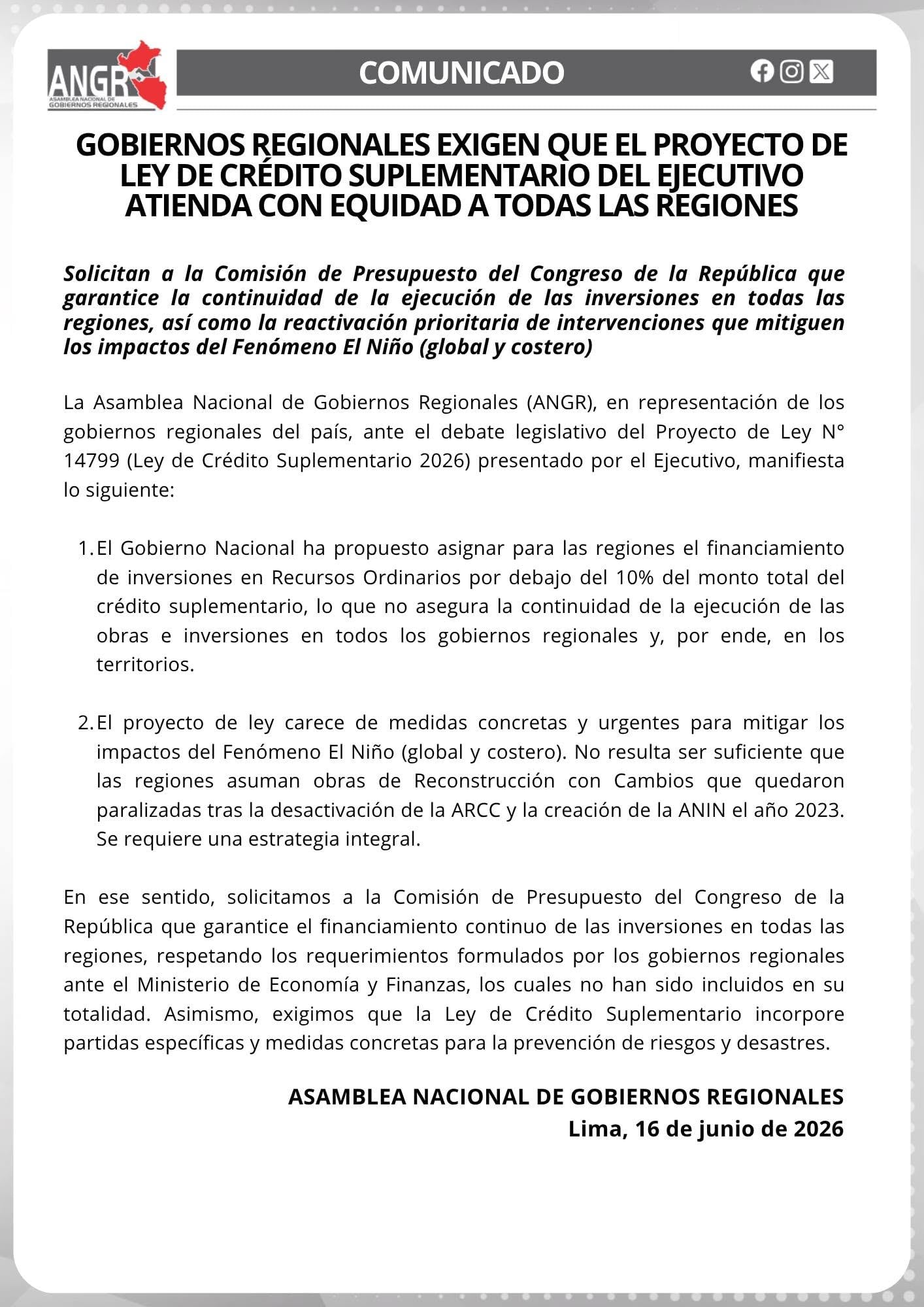 La Asamblea Nacional de Gobiernos Regionales emite un comunicado en el que exige al gobierno nacional de Perú equidad y recursos suficientes en el Proyecto de Ley de Crédito Suplementario 2026 para todas las regiones del país. (Foto: ANGR / Facebook)