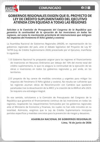 Comunicado oficial de la Asamblea Nacional de Gobiernos Regionales (ANGR) fechado en Lima el 16 de junio de 2026, con texto sobre el Proyecto de Ley de Crédito Suplementario