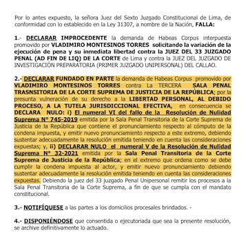 Jueza falla a favor de Vladimiro Montesinos