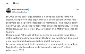 Gustavo Bolívar criticó las administraciones de Bogotá de Carlos Fernando Galán, Enrique Peñalosa y Claudia López - crédito @GustavoBolivar