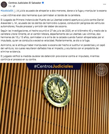 El Juzgado de Primera Instancia del Puerto de La Libertad abrió juicio contra Daniel Alexander L. M. por el atropello de dos menores de edad. (Cortesía: Centro Judiciales de El Salvador)