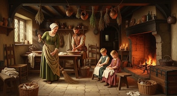 Interior de cabaña medieval con una mujer barriendo el suelo de piedra, un hombre lavándose las manos y dos niños doblando ropa junto a una chimenea encendida.
