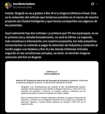 Ana María Cadena confirmó la rectificación sobre Bre-B y el impuesto de Industria y Comercio en el marco del proyecto de Ciudad Inteligente - crédito @CadenaAnaMa/X