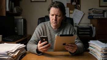 Un hombre de mediana edad con suéter gris se sienta en un escritorio y mira con preocupación un iPhone y un iPad antiguos que sostiene.