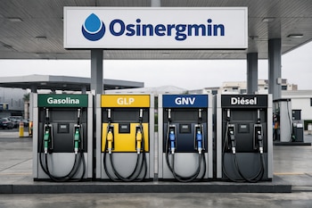 Cuatro surtidores con mangueras y picos, rotulados Gasolina, GLP, GNV y Diésel, bajo un cartel blanco con el logo y el nombre Osinergmin.