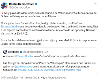 Centro Democrático pidió investigar reunión en Valledupar con exjefes paramilitares - crédito @CeDemocratico/X