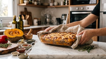 Manos sujetan con paños una fuente de vidrio con comida horneada humeante sobre una mesada con calabaza, pimiento y cuencos de especias.