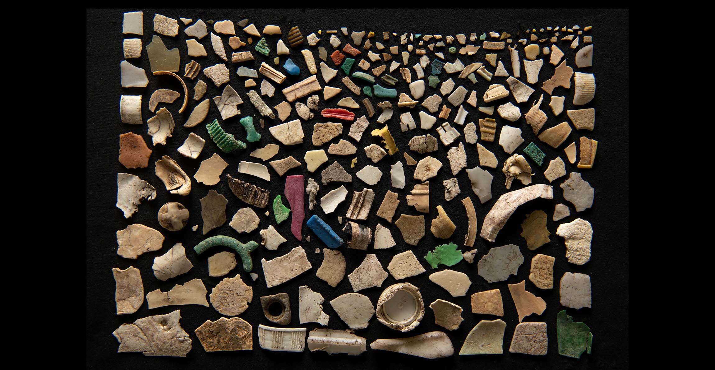 Collage de piezas de plástico extraídas del interior de una pardela sable muerta (Justin Gilligan/The Trustees of the Natural History Museum, Londres.)