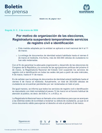 La Registraduría indicó que la