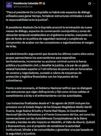 El Gobierno nacional cambió su estrategia frente a grupos armados y organizaciones criminales al descartar negociaciones con estructuras que mantengan violencia, narcotráfico y extorsión - crédito @infopresidencia / X