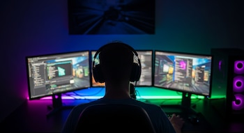 Vista trasera de un hombre con auriculares frente a tres monitores de computadora, en una habitación oscura con iluminación LED colorida y un gabinete de PC con luces moradas.