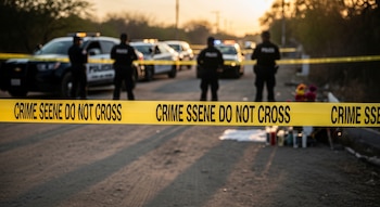 Una cinta amarilla de policía con letras negras que dicen 'Crime Scene Do Not Cross' en primer plano, con agentes y patrullas de policía al fondo.