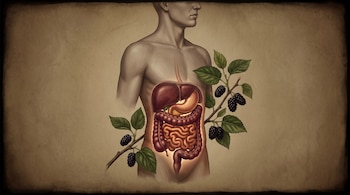 Ilustración de un torso humano con el sistema digestivo al descubierto y ramas con moras maduras y hojas verdes en el abdomen.