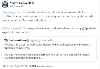 Andrés Forero acusó a Gustavo Petro de desconocer resultados y buscar perpetuarse en el poder - crédito @AForeroM/X