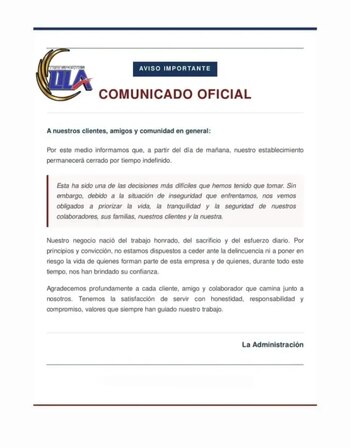 La compañía atribuyó la decisión a amenazas y al clima de inseguridad.(FOTO: X)