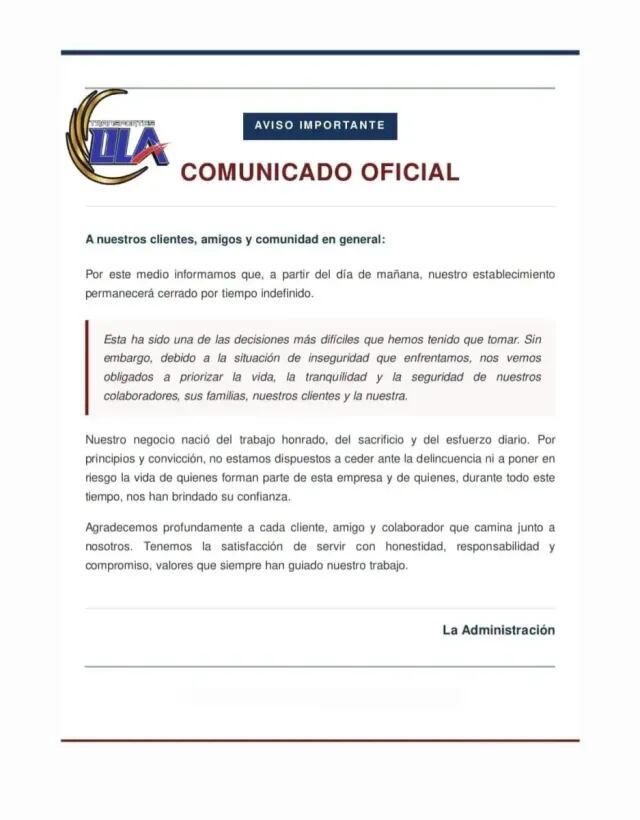 La compañía atribuyó la decisión a amenazas y al clima de inseguridad.(FOTO: X)