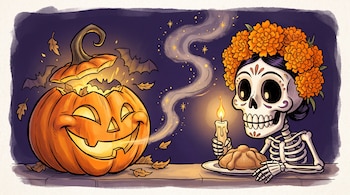 Dibujo de una calabaza tallada iluminada junto a un esqueleto con tocado floral naranja, una vela encendida y un pan sobre un plato.