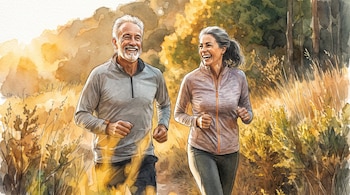 Un hombre y una mujer adultos corren en un sendero. El hombre viste una sudadera gris, la mujer una sudadera rosa y leggings. Vegetación de fondo.