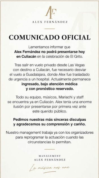 El equipo de representación del artista emitió un comunicado oficial en el cual detalló las circunstancias que impidieron su llegada.