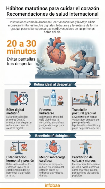 Infografía con texto sobre hábitos matutinos, un hombre en cama, un corazón, un teléfono con cruz, un despertador, una botella de agua, un vaso y una taza.