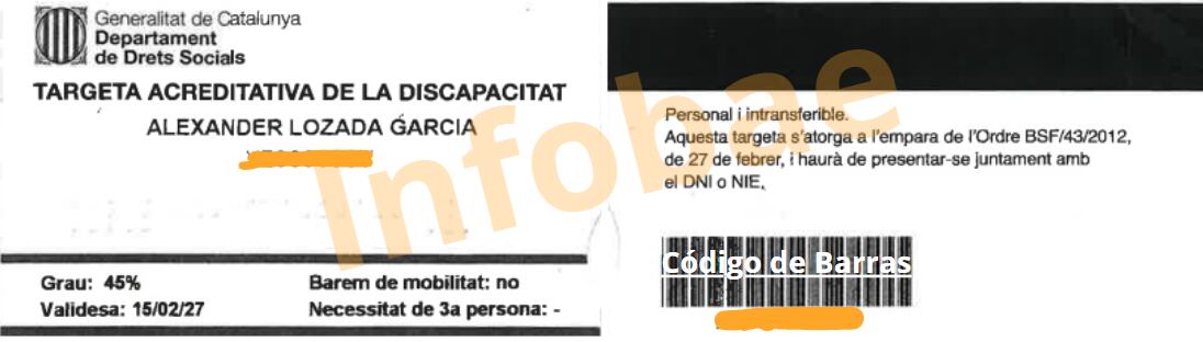 Tarjeta de discapacidad de Alexander. (Imagen cedida)