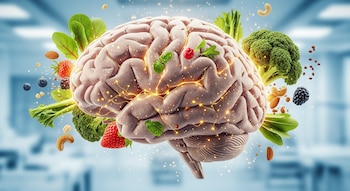 Cerebro humano con surcos y convoluciones, mostrando circuitos neuronales luminosos. Rodeado de fresas, arándanos, brócoli, espinacas y frutos secos flotando. Fondo claro.