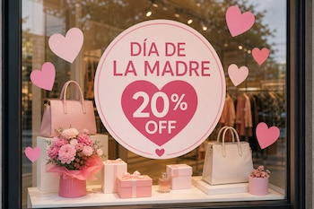 Un cartel con el texto Día de la Madre 20% OFF entre corazones de papel, carteras, cajas de regalo y flores dentro de una vidriera.