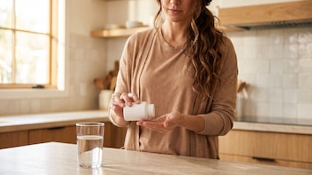 Una mujer vierte pastillas de un frasco blanco a su mano sobre una mesa de cocina junto a un vaso con agua