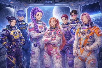 Ilustración de siete personas con estilo K-Pop en trajes espaciales de colores vibrantes dentro de una nave futurista, con la Luna y la Tierra visibles por una ventana.